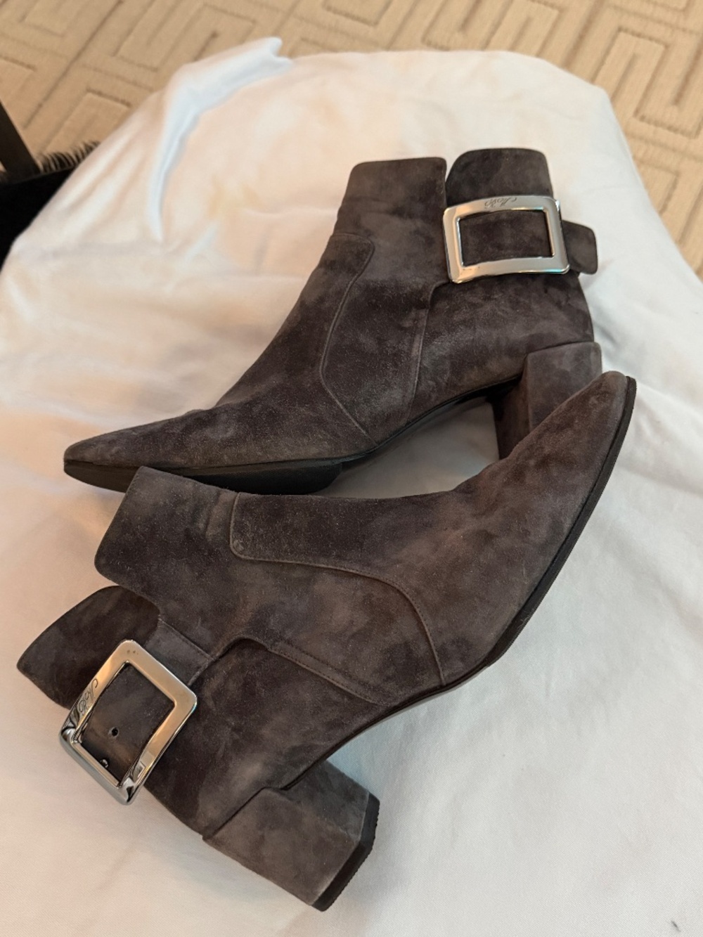 ROGER VIVIER Grey Suede Polly t 45 Bootie Block Heel Size 37 with Silver Buckle